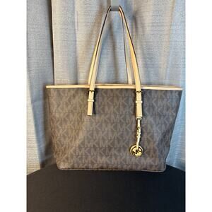 Vintage Michael Kors Brown and Cream Large Logo Tote/Handbag